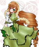  :d blush brown_hair chikkuru dress floral_background green_dress green_eyes head_scarf layered_dress long_hair looking_at_viewer open_mouth puffy_short_sleeves puffy_sleeves rozen_maiden short_sleeves smile solo suiseiseki very_long_hair 