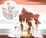  ascot blush brown_hair closed_eyes detached_sleeves dreaming hakurei_reimu long_sleeves nobuyuki ribbon-trimmed_sleeves ribbon_trim short_hair sidelocks sitting sleeping solo table touhou wide_sleeves 