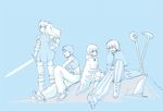  2girls ayanami_rei black_mage black_mage_(fft) blue cosplay final_fantasy final_fantasy_tactics hat ikari_shinji lrk monk_(fft) monochrome multiple_boys multiple_girls nagisa_kaworu neon_genesis_evangelion parody robe sitting smile souryuu_asuka_langley squire_(fft) staff striped sword vest weapon white_mage white_mage_(fft) 