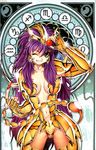  adapted_costume armor bikini_armor breasts cleavage fingernails future_studio_(artist) genderswap genderswap_(mtf) gold_armor gold_saint green_eyes helm helmet long_fingernails long_hair medium_breasts mu_fengchun nail_polish one_eye_closed purple_hair red_nails saint_seiya scorpio scorpio_milo scorpion shiny smile solo tail very_long_hair watermark zodiac 