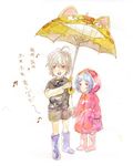  1girl animal_themed_umbrella ayanami_rei blue_hair crossover holding holding_hands holding_umbrella lowres lrk nagisa_kaworu neon_genesis_evangelion raincoat shared_umbrella tonari_no_totoro translated umbrella younger 