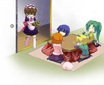  4girls angry artist_request blonde_hair brown_hair chibi crossdressing furude_rika green_hair hairband heart higurashi_no_naku_koro_ni houjou_satoko kotatsu long_hair maebara_keiichi multiple_girls orange_hair punishment_game ryuuguu_rena short_hair sitting skirt smile sonozaki_mion table 