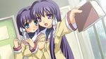  :o bangs blush book bow buttons clannad door dutch_angle fujibayashi_kyou fujibayashi_ryou hair_bow hair_intakes hair_ribbon hikarizaka_private_high_school_uniform holding holding_book hug hug_from_behind lace long_hair long_sleeves looking_at_viewer multiple_girls outstretched_arm purple_eyes ribbon sanshita school school_uniform short_hair siblings sisters sleeves_folded_up twins upper_body white_bow 