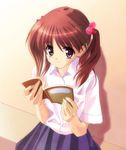 bangs book brown_hair copyright_request hair_ornament holding holding_book long_hair open_book orino_yushi pleated_skirt purple_eyes shirt short_sleeves sitting skirt smile solo twintails white_shirt wing_collar 