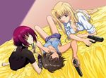  asymmetrical_clothes bed black_bodysuit black_hair blonde_hair blue_eyes bodysuit brown_eyes chloe_(noir) elbow_gloves fingerless_gloves gloves gun handgun harukaze_soyogu knife long_hair mireille_bouquet multiple_girls noir open_clothes open_shirt panties pantyshot pistol purple_hair shirt short_hair shorts single_elbow_glove single_glove skin_tight sleeves_rolled_up tank_top underwear weapon yuumura_kirika 