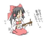  ascot bachi blush_stickers bow closed_eyes detached_sleeves hair_bow hair_tubes hakurei_reimu ikune_juugo instrument kneeling lowres music oekaki playing_instrument plectrum shamisen simple_background singing socks solo touhou translated white_background 