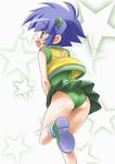  ass blue_hair blush embarrassed green_eyes green_leotard hair_ornament heart leotard matsubara_kaoru norakuro_nero open_mouth powered_buttercup powerpuff_girls_z short_hair skirt skirt_lift solo star sweatdrop 