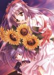  1girl absurdres azuma_io blue_hair carnelian flower highres kao_no_nai_tsuki kuraki_suzuna purple_hair ribbon school_uniform sunflower sunset 