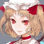  blonde_hair close-up face flandre_scarlet hat one_side_up open_mouth ponytail red_eyes short_hair solo touhou xero 