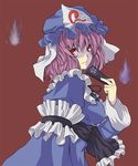  arm_garter blue_dress blue_hat closed_fan dress fan folding_fan frills hat hitodama kinsenka long_sleeves looking_at_viewer mob_cap pink_hair red_background red_eyes saigyouji_yuyuko sash short_hair simple_background solo touhou triangular_headpiece upper_body wide_sleeves 