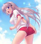  adjusting_buruma adjusting_clothes ass blush buruma clannad cowboy_shot day gym_uniform hairband looking_at_viewer oekaki open_mouth panties panty_peek red_buruma sakagami_tomoyo short_sleeves sky solo underwear zen 