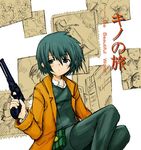  aki_masanari androgynous bangs closed_mouth coat eyebrows eyebrows_visible_through_hair green_eyes green_hair green_jacket green_legwear gun half-closed_eyes hand_up handgun holding holding_gun holding_weapon jacket kino kino_no_tabi leather leather_pants looking_at_viewer orange_coat pants pouch reverse_trap revolver solo weapon wing_collar 