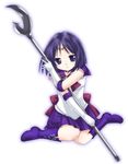  back_bow bishoujo_senshi_sailor_moon bob_cut boots bow brown_bow chibi choker elbow_gloves gloves holding holding_spear holding_weapon knee_boots magical_girl over_shoulder polearm purple_eyes purple_footwear purple_hair purple_sailor_collar purple_skirt sailor_collar sailor_saturn sailor_senshi_uniform silence_glaive skirt solo spear staff star star_choker tiara tomoe_hotaru usashiro_mani weapon weapon_over_shoulder white_background white_gloves 