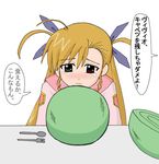  artist_request blonde_hair cabbage food heterochromia long_hair lyrical_nanoha mahou_shoujo_lyrical_nanoha_strikers parody quality_cabbage solo translated vivio yoake_mae_yori_ruri_iro_na 