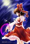  bare_shoulders bow brown_eyes brown_hair collar detached_sleeves dress frilled_dress frills from_behind hair_bow hakurei_reimu long_sleeves looking_back nobuyuki profile red_bow red_dress solo touhou 