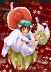  :d animal_ears autumn_leaves blonde_hair brown_eyes brown_hair cat_ears cat_tail chen dress frills hat leaf long_sleeves mob_cap multiple_girls multiple_tails nanami_sano nekomata ofuda open_mouth pillow_hat red_dress short_hair smile socks tabard tail touhou two_tails wide_sleeves yakumo_ran 