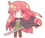  ahoge alastor_(shakugan_no_shana) arms_at_sides bangs black_jacket black_legwear bow bread brown_footwear chibi double-breasted eyebrows_visible_through_hair food full_body green_skirt grey_bow grey_neckwear holding holding_sword holding_weapon jacket jacket_on_shoulders jewelry left-handed loafers long_hair long_sleeves looking_at_viewer melon_bread miniskirt mirai_(sugar) necklace pendant red_eyes red_hair shakugan_no_shana shana shoes simple_background skirt skirt_set standing swept_bangs sword thighhighs unsheathed v-shaped_eyebrows very_long_hair weapon white_background wrapper zettai_ryouiki 