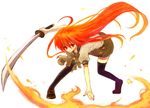  bare_arms bent_over black_legwear bow full_body hair_between_eyes holding holding_sword holding_weapon loafers long_hair looking_at_viewer miniskirt outstretched_hand red_eyes red_hair school_uniform serafuku shakugan_no_shana shana shoes short_sleeves skirt solo sword thighhighs unsheathed very_long_hair weapon yonko zettai_ryouiki 