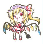  :d ascot bangs blonde_hair blush chibi eyebrows_visible_through_hair fang flandre_scarlet full_body hat hat_ribbon holding laevatein looking_at_viewer lowres mob_cap one_side_up open_mouth outline puffy_short_sleeves puffy_sleeves red_eyes red_ribbon red_skirt red_vest ribbon short_sleeves simple_background skirt skirt_set smile solo standing touhou traditional_media tsukishiro_chigiri vest white_background wings yellow_neckwear 