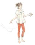  barefoot brown_eyes brown_hair cable collarbone hair_bun headphones hiramatsu_tadashi holding looking_away looking_to_the_side orange_pants original pants parted_lips polka_dot puffy_short_sleeves puffy_sleeves short_sleeves simple_background solo white_background 