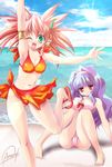  beach bikini copyright_request day fang green_eyes maki_(seventh_heaven_maxion) multiple_girls one_eye_closed orange_sarong red_eyes sandals sarong swimsuit 