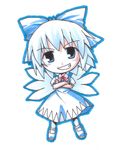  blue_bow blue_eyes blue_hair blush bow chibi cirno crossed_arms dress eyebrows_visible_through_hair full_body grin hair_bow looking_at_viewer neck_ribbon outline red_ribbon ribbon shoes short_hair simple_background smile solo standing touhou traditional_media tsukishiro_chigiri white_background wings 