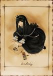  bangs black_dress black_eyes black_hair blunt_bangs capelet crayon drawing dress frills german gothic_lolita hairband hands lolita_fashion original simosi sitting solo 