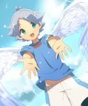  1boy blue_eyes fubuki_shirou inazuma_eleven inazuma_eleven_(series) male male_focus outdoors shota sky solo white_hair wings 