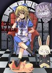  alice_(wonderland) alice_in_wonderland blonde_hair cat checkered checkered_floor cheshire_cat footstool green_eyes lockheart perspective pig white_rabbit 