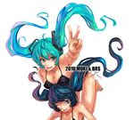  aqua_eyes aqua_hair bikini black_rock_shooter black_rock_shooter_(character) blue_eyes blue_hair breast_rest breasts breasts_on_head hatsune_miku large_breasts long_hair multiple_girls one_eye_closed simple_background swimsuit twintails untied v vocaloid woxiljj 