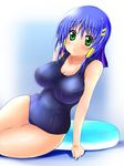  blue_hair blush breasts cleavage green_eyes hair_ornament hairclip large_breasts miketto one-piece_swimsuit original school_swimsuit short_hair solo swimsuit thick_thighs thigh_gap thighs wet 