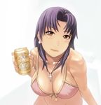  alcohol beer beer_can blush bottomless breasts brown_eyes bugfix can cleavage collarbone cross drink earrings front-tie_top holding jewelry katsuragi_misato large_breasts necklace neon_genesis_evangelion pose purple_hair simple_background solo yebisu 