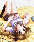  absurdres bed blue_eyes blush book brown_hair cropped eating ef food hayama_mizuki highres kneehighs legs legs_up looking_at_viewer lying nanao_naru on_back pocky scan school_uniform serafuku skirt solo strawberry_pocky upside-down 