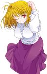  arcueid_brunestud arm_behind_back blonde_hair closed_mouth face hands leaning_forward long_skirt one_eye_closed purple_skirt red_eyes short_hair simple_background skirt slit_pupils smile solo sweater tsukihime turtleneck yamaguchi_homupe 