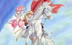  2girls 90s arche_klein armor blonde_hair boots broom brown_hair cape cless_alvein elbow_gloves fujishima_kousuke gloves hat headband highres horse long_hair mint_adenade multiple_girls official_art pink_hair purple_eyes red_cape reins sleipnir_(mythology) tales_of_(series) tales_of_phantasia wallpaper 