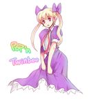  :o blonde_hair cowboy_shot dress kara_(color) looking_at_viewer madoka_(twinbee) open_mouth pop'n_music puffy_short_sleeves puffy_sleeves purple_dress purple_eyes red_ribbon ribbon short_sleeves sidelocks simple_background solo text_focus twinbee twintails white_background 