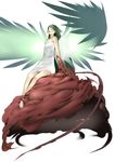  bare_arms bare_legs bare_shoulders barefoot breasts cleavage closed_eyes collarbone dress full_body glowing glowing_wings green_hair green_wings long_hair onigunsou restrained saya saya_no_uta simple_background sleeveless sleeveless_dress slime small_breasts solo straight_hair very_long_hair white_background wings 