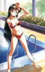  bare_shoulders bikini blue_eyes breasts cameltoe choudenji_robo_combattler_v cleavage collarbone flower goggles goggles_on_head green_hair kawarajima_kou long_hair medium_breasts midriff nanbara_chizuru navel pool pool_ladder poolside sandals solo spread_legs standing swimsuit very_long_hair water 