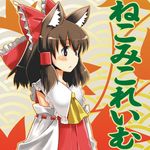  animal_ears ascot bow brown_eyes brown_hair cat_ears detached_sleeves frilled_bow frills gengorou hair_bow hair_tubes hakurei_reimu kemonomimi_mode lowres red_bow red_ribbon ribbon ribbon-trimmed_sleeves ribbon_trim solo touhou translated white_sleeves yellow_neckwear 