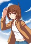  brown_eyes brown_hair brown_jacket character_request cloud cloudy_sky day haaremu_ace jacket midriff navel salute shirt short_hair sky solo towamin white_shirt 