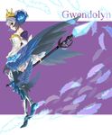 armor armored_dress character_name dress feathers gwendolyn katou_kouki odin_sphere purple_background solo strapless strapless_dress thighhighs 