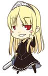 artist_request chainsaw chibi crown hat hime_(kaibutsu_oujo) kaibutsu_oujo long_hair lowres red_eyes solo 