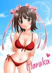  amami_haruka arm_behind_back bikini blush breasts brown_hair cleavage cloud day front-tie_top green_eyes hair_ribbon hand_on_own_arm holding_arm idolmaster idolmaster_(classic) idolmaster_1 itsuki_sayaka lens_flare light_smile looking_at_viewer medium_breasts navel red_bikini ribbon shiny shiny_skin short_hair side-tie_bikini skindentation sky solo swimsuit 