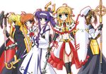  arisa_bannings artist_request bad_anatomy bardiche belt blonde_hair blue_eyes bow brown_hair cape fate_testarossa fingerless_gloves gloves hair_ornament hat lyrical_nanoha magazine_(weapon) magical_girl mahou_shoujo_lyrical_nanoha mahou_shoujo_lyrical_nanoha_a's multiple_girls purple_eyes purple_hair raising_heart red_bow red_eyes red_hair schwertkreuz shield side_ponytail takamachi_nanoha thighhighs tome_of_the_night_sky tsukimura_suzuka twintails waist_cape x_hair_ornament yagami_hayate yellow_bow 