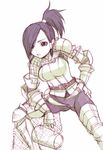  armor armored_boots belt boots breasts buckle gauntlets hair_over_one_eye inuburo large_breasts leaning_forward monster_hunter ponytail short_hair shoulder_pads simple_background solo spread_legs standing thigh_boots thighhighs white_background 