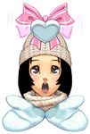  black_hair bow copyright_request maruta_kentarou mittens pink_bow solo 