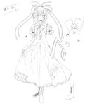  artist_request ascot boots character_name concept_art dress expressionless frills front_ponytail full_body greyscale hair_ribbon highres kagiyama_hina lineart monochrome puffy_sleeves ribbon sketch solo standing touhou white_background 