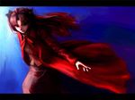  belt black_skirt blue_eyes brown_hair cape cowboy_shot dark fate/stay_night fate_(series) gradient gradient_background letterboxed long_sleeves looking_at_viewer oisin simple_background skirt solo toosaka_rin two_side_up 