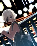  bare_shoulders blue_dress blue_eyes blurry blurry_background city_lights dress dutch_angle eyepatch from_side looking_at_viewer looking_to_the_side natori_(natorism) night original outdoors short_hair silver_hair solo 