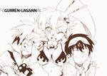  2boys animal animal_between_breasts arm_around_neck between_breasts blush boota breasts brown hand_on_shoulder kamina kamina_shades monochrome mori_kotarou multiple_boys one_eye_closed simon tengen_toppa_gurren_lagann yoko_littner 